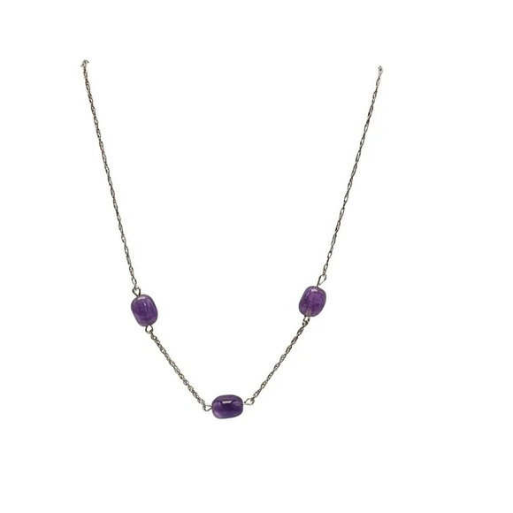 Sterling Silver Polish Purple Amethyst Stone Bead Station Chain Necklace Vintage - Picture 1 of 6